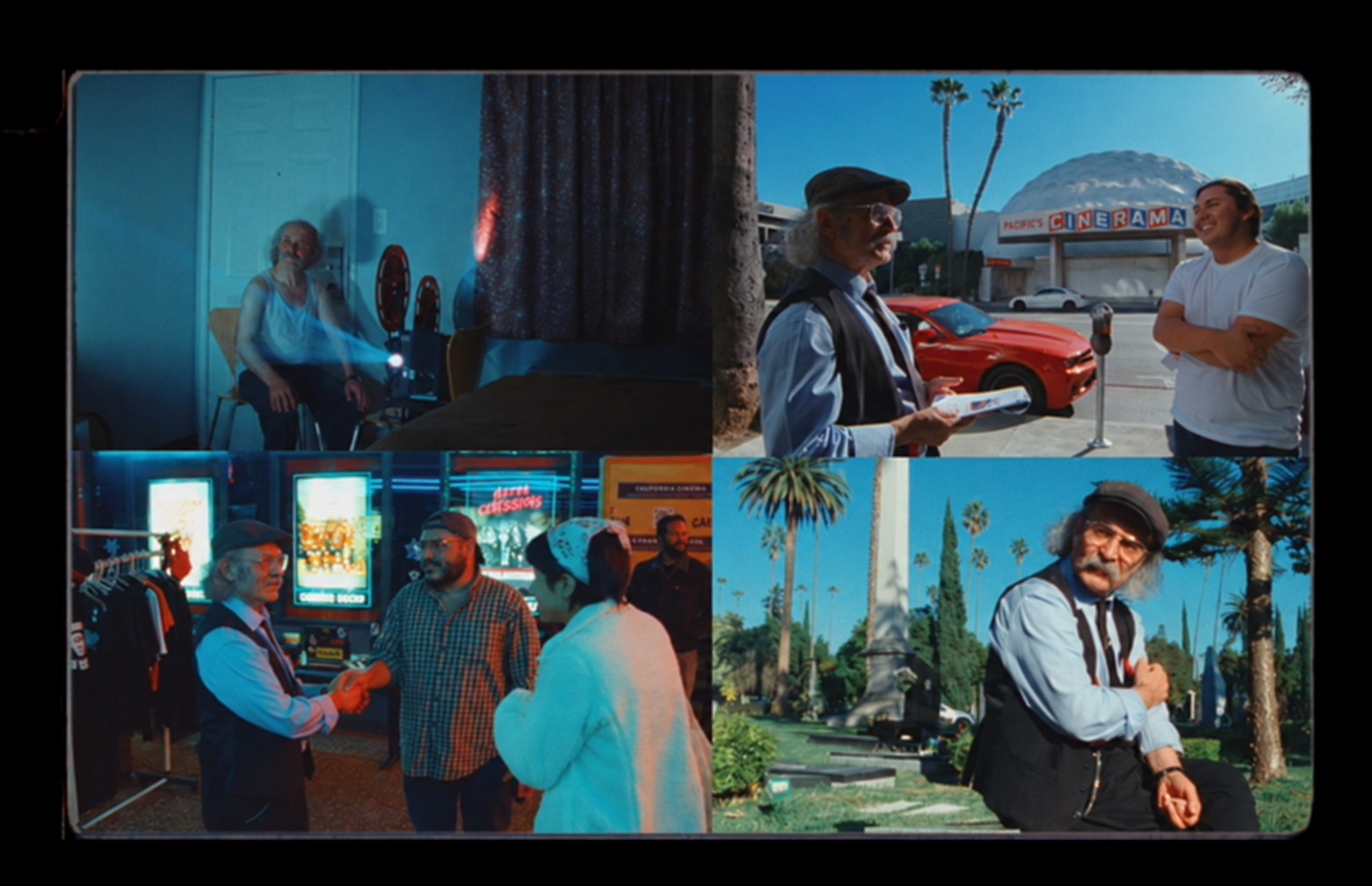 Four film-frame stills of Ümit during filming in Los Angeles